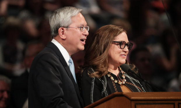 Elder and Sister Gong in the Marriott Center
(Spenser Heaps, Deseret News)...