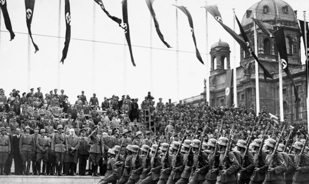 FILE- In this March 24, 1938, file photo, German troops reach Vienna, Austria, shortly after the an...