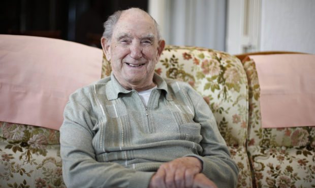 In this photo made May 9, 2019, French World War II veteran Leon Gautier, of the Kieffer commando, ...