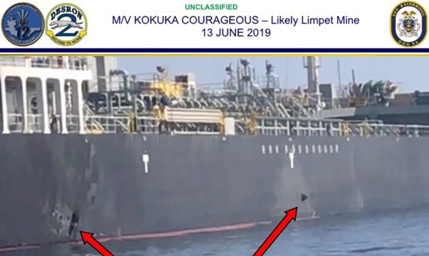 This June 13, 2019, image released by the U.S. military's Central Command, shows damage and a suspe...