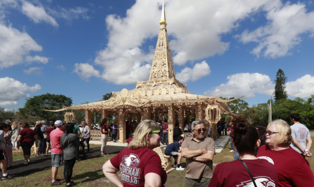 FILE - In this Feb. 14, 2019, file photo, people gather around the "Temple of Time" in honor of the...