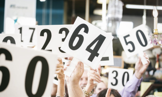 A crowd of bidders at an auction, holding their numbered bidding paddles in the air. Photo courtesy...