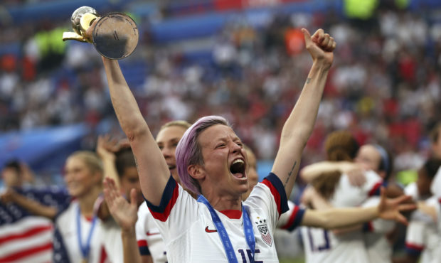 United States' Megan Rapinoe holds the trophy celebrating at the end of the Women's World Cup final...