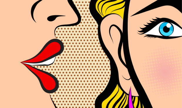 Retro Pop Art style Comic Style Book panel gossip girl whispering in ear secrets with pink cheek, r...