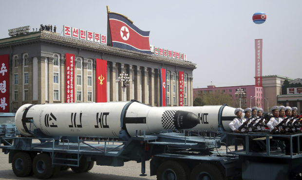 A submarine-launched ballistic missile is displayed in Kim Il Sung Square during a military parade ...