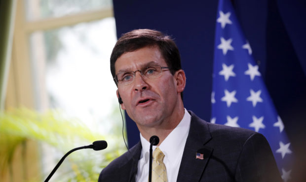 File- This Sept. 7, 2019, file photo shows U.S. Defense Secretary Mark Esper delivering a speech du...