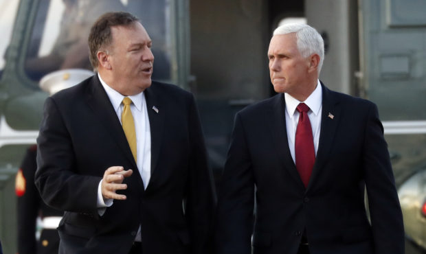 Vice President Mike Pence and Secretary of State Mike Pompeo arrive at Andrews Air Force Base, Md.,...