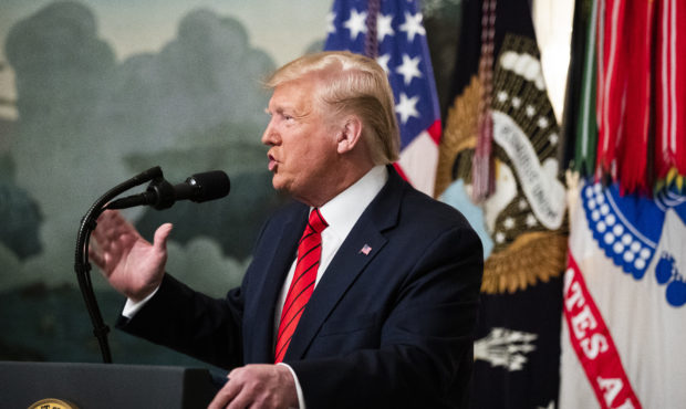 President Donald Trump speaks Sunday, Oct. 27, 2019 in the Diplomatic Room of the White House in Wa...