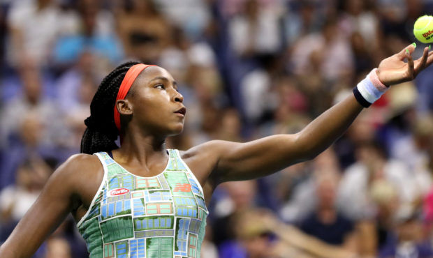 NEW YORK, NEW YORK - AUGUST 31: Cori Gauff of the United States serves during her Women's Singles t...
