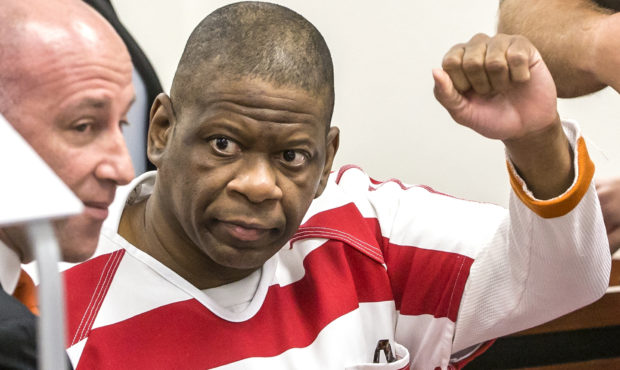 FILE - In this Oct. 13, 2017, file photo, death row inmate Rodney Reed waves to his family in the B...