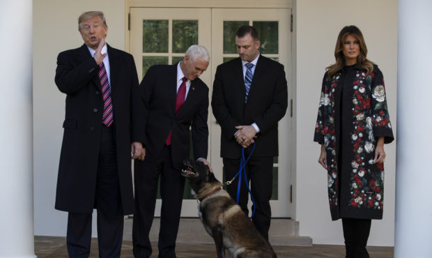 President Donald Trump, Vice President Mike Pence, and first lady Melania Trump stand with Conan, t...