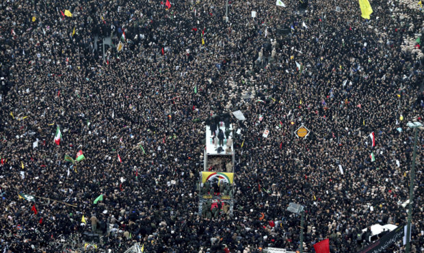 Coffins of Gen. Qassem Soleimani and others who were killed in Iraq by a U.S. drone strike, are car...