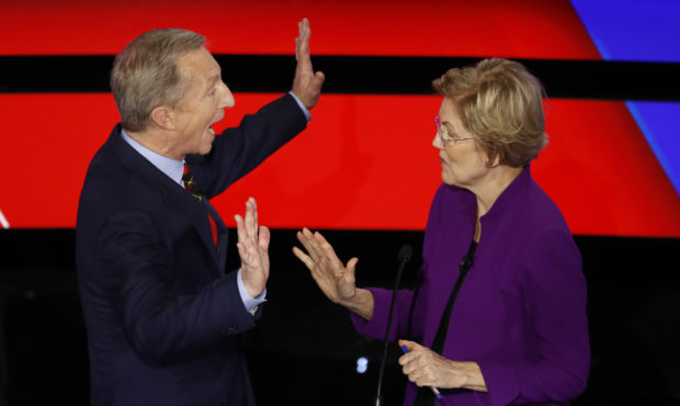 Democratic presidential candidates businessman Tom Steyer, left and Sen. Elizabeth Warren, D-Mass.,...