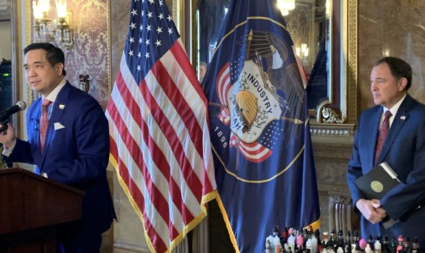 (Attorney General Sean Reyes, left, and Governor Gary Herbert, right, speaking in the Capitol Gold ...