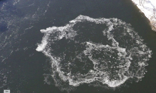 This photo provided by the city of Westbrook, Maine shows Westbrook shows an ice disk forming in th...