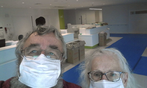 This Feb. 24, 2020 photo provided by Greg and Rose Yerex shows them in a hospital in Nagoya, Japan....
