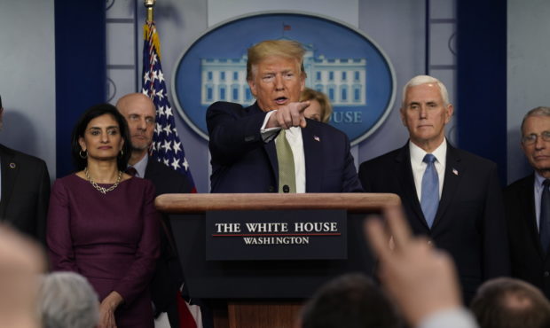 President Donald Trump speaks during a press briefing with the coronavirus task force, at the White...