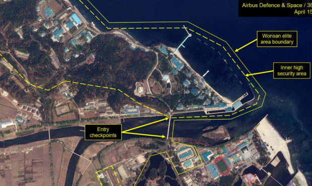 This Wednesday, April 15, 2020, satellite image provided by Airbus Defence & Space and annotate...