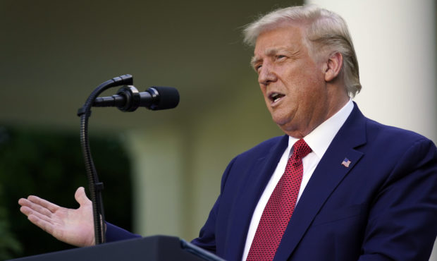 President Donald Trump speaks during a news conference in the Rose Garden of the White House, Tuesd...