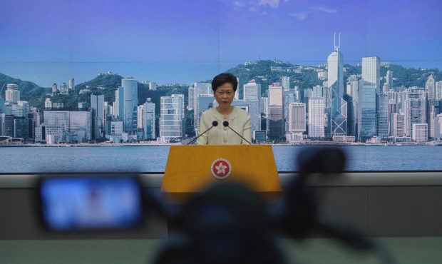 Hong Kong Chief Executive Carrie Lam listens to reporters' questions during a press conference in H...
