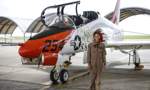 In this photo provided by the U.S. Navy, student Naval aviator Lt. j.g. Madeline Swegle, assigned t...