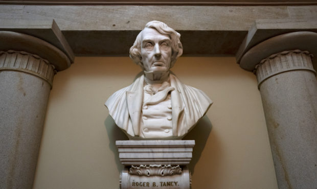 FILE - In this March 9, 2020 file photo, a marble bust of Chief Justice Roger Taney is displayed in...