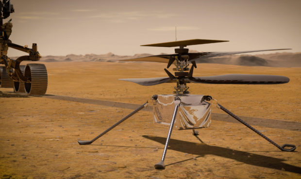 This illustration made available by NASA depicts the Ingenuity Mars Helicopter on the red planet's ...