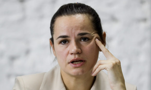 Sviatlana Tsikhanouskaya, candidate for the presidential elections, speaks at a news conference aft...