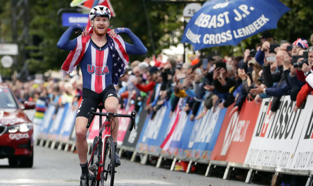 FILE - In this Thursday, Sept. 26, 2019 file photo, United States' Quinn Simmons celebrates winning...