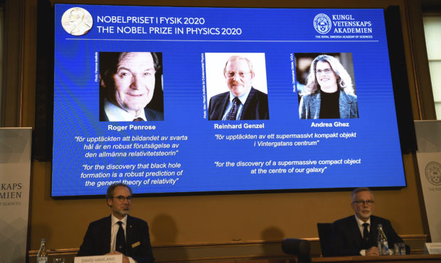David Haviland, member of the Nobel Committee for Physics, left, and Goran K. Hansson, Secretary Ge...