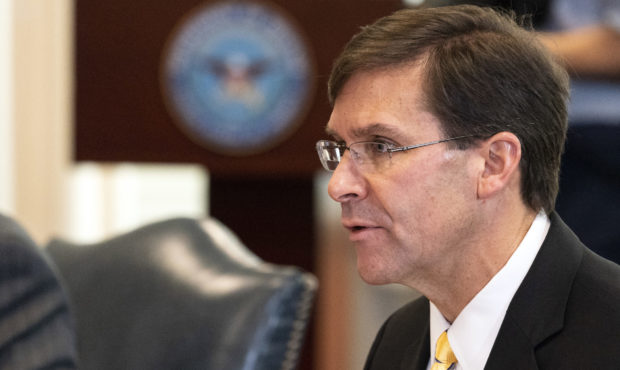 FILE -  Oct. 8, 2020, Secretary of Defense Mark Esper speaks before a meeting with Romanian Defense...