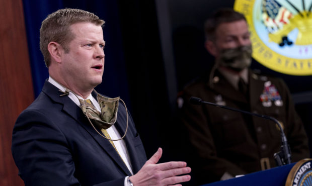 Secretary of the Army Ryan McCarthy, left, accompanied by Gen. James McConville, Chief of Staff of ...