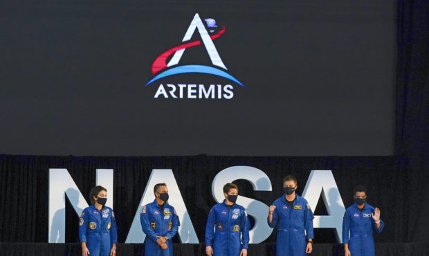 Five of the astronauts that will be part of the Atremis missions, from left, Jessica Meir, Joe Acab...