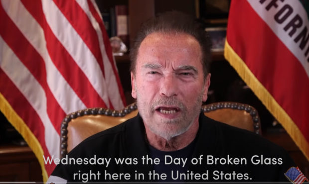 This Sunday, Jan. 10, 2021, image from a video released by Schwarzenegger shows former Republican C...