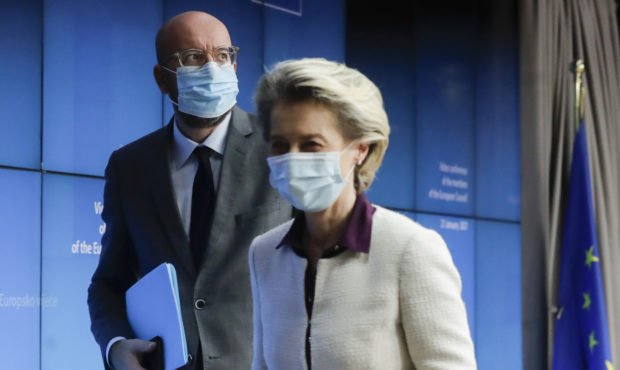 European Council President Charles Michel, left, and European Commission President Ursula von der L...