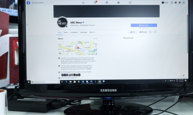 An Australian Broadcasting Corporation page on Facebook is displayed without posts in Sydney, Thurs...
