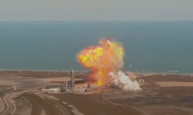 SpaceX Mars rocket prototype explodes on landing, again.
Credit:	From SpaceX...