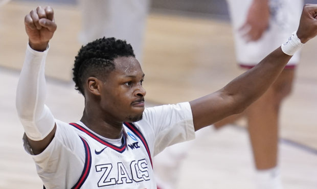 Gonzaga guard Joel Ayayi (11) reacts to a play against Creighton in the first half of a Sweet 16 ga...