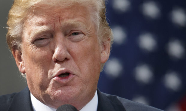 Photo of former President Donald Trump speaking with an American flag in the background...