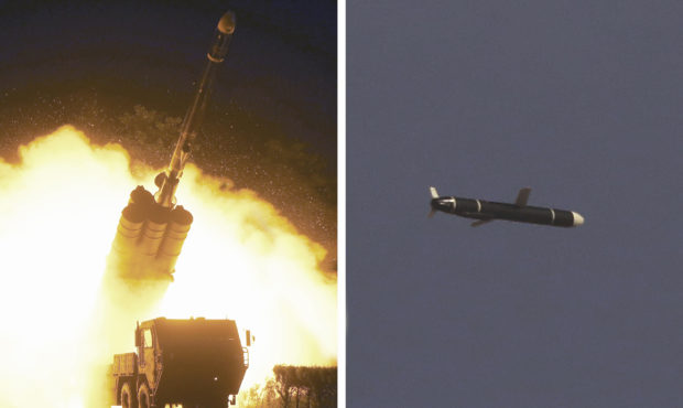 This combination of photos provided by the North Korean government on Monday, Sept. 13, 2021, shows...