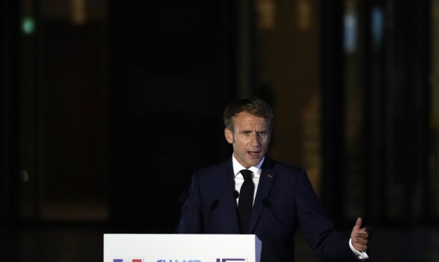 French President Emmanuel Macron makes statements during the EUMED 9 summit at the Stavros Niarchos...