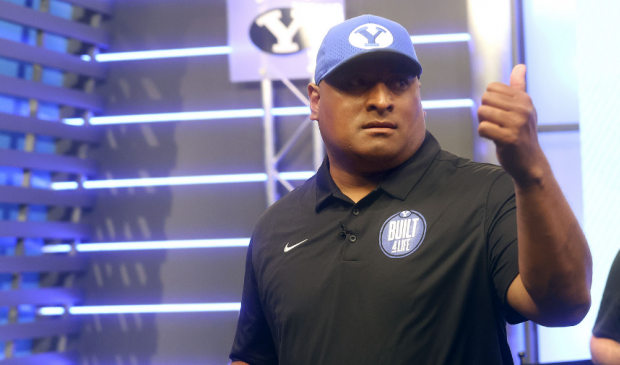 Kalani Sitake, BYU’s head football coach, gives a thumbs-up during BYU football media day at the ...