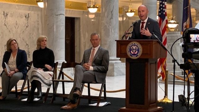 (Gov. Spencer Cox, at podium, speaking about the new Utah Sustainable Health Collective.  Photo: Pa...