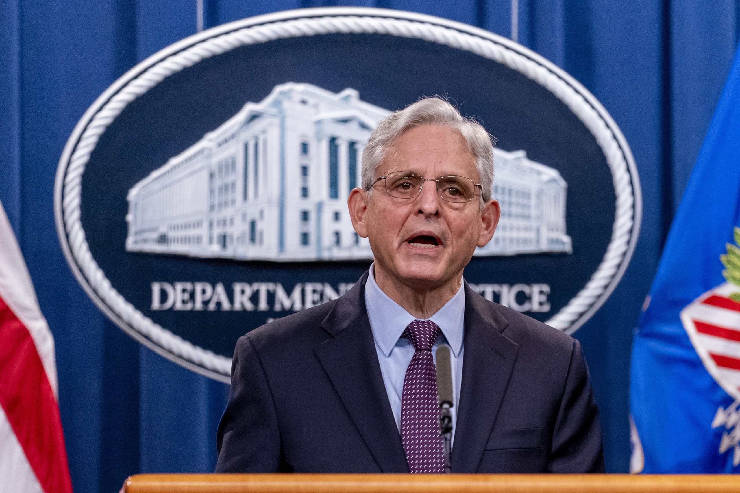FILE - Attorney General Merrick Garland speaks at a news conference at the Justice Department in Wa...