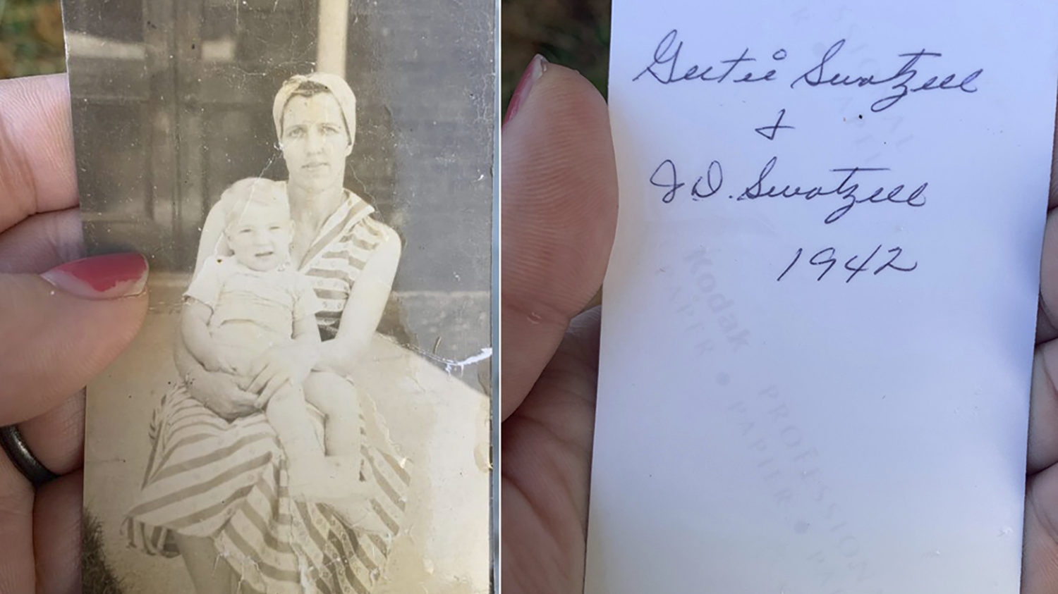 This photo combo shows Katie Posten holding the front and back of a photograph she found stuck to h...