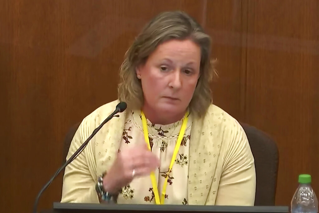 In this image taken from video, former Brooklyn Center Police Officer Kim Potter testifies during h...