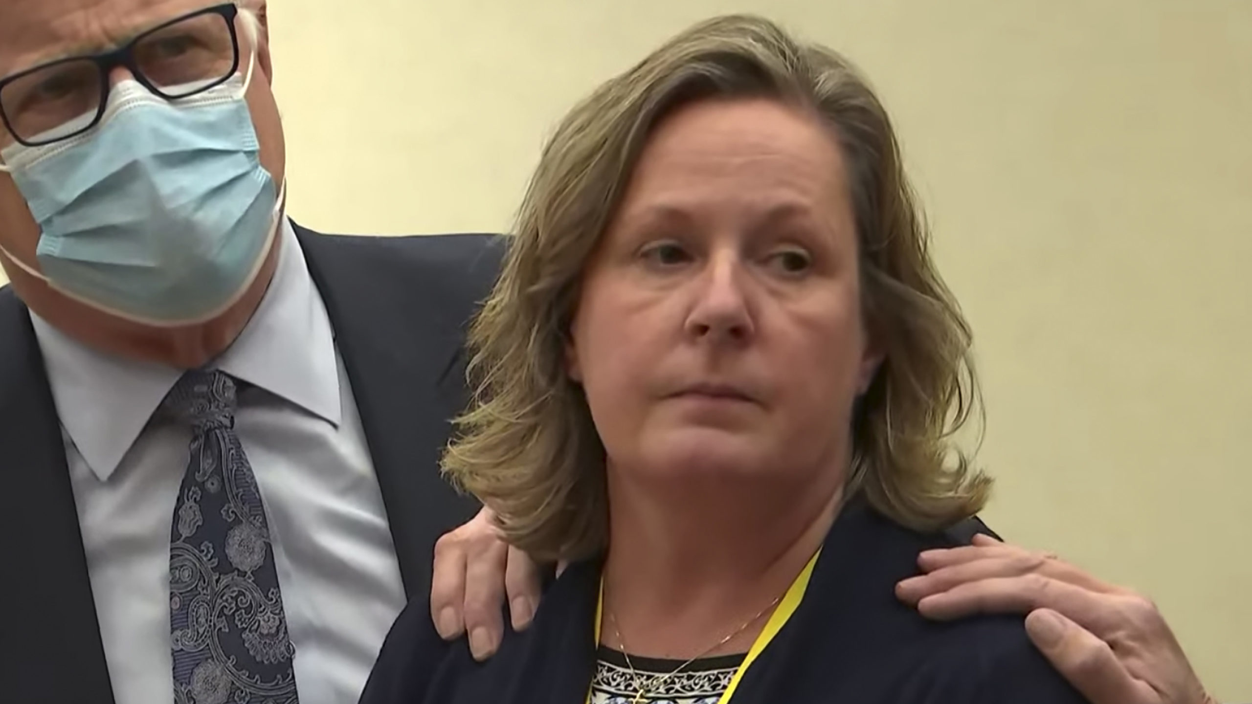 FILE - In this screen grab from video, former Brooklyn Center Police Officer Kim Potter stands with...