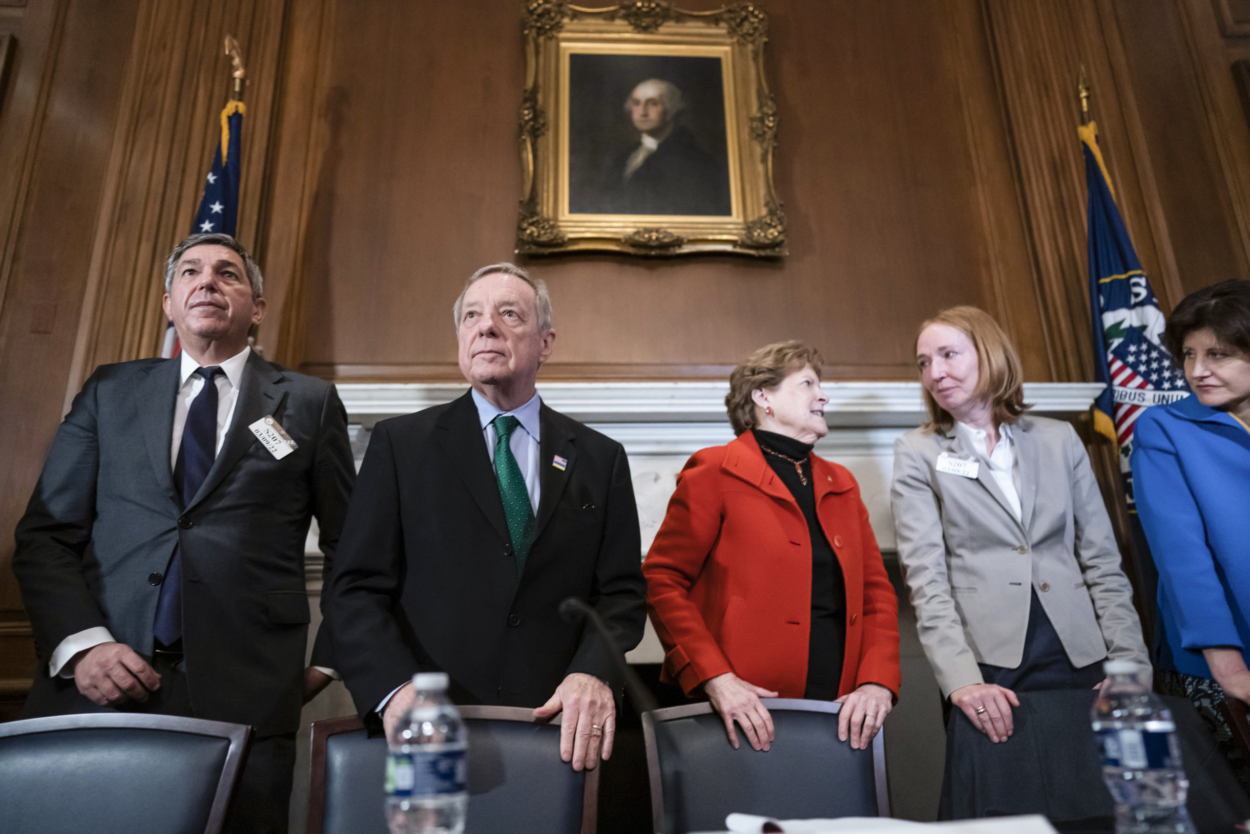 From left, European Union Ambassador Stavros Lambrinidis, Sen. Dick Durbin, D-Ill., Sen. Jeanne Sha...