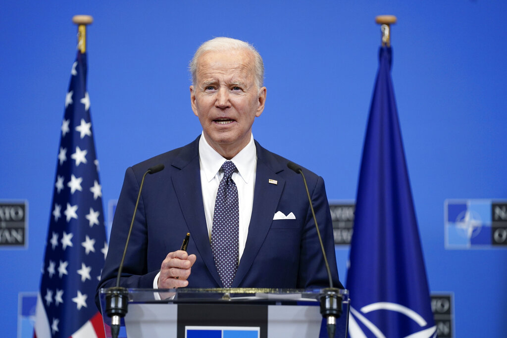 President Joe Biden speaks about the Russian invasion of Ukraine during a news conference after a N...