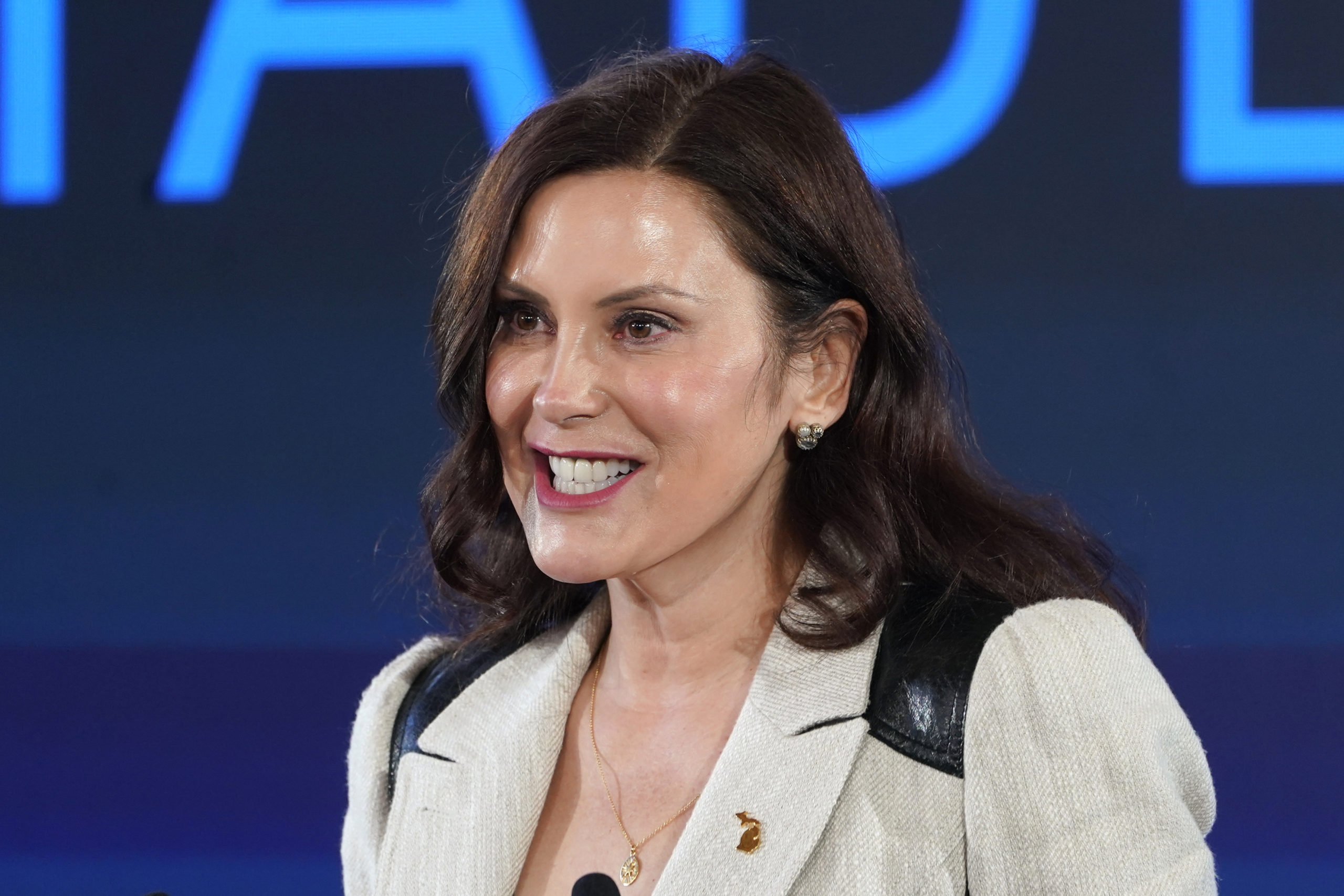 FILE - Gov. Gretchen Whitmer speaks during a news conference in Lansing, Mich., Tuesday, Jan. 25, 2...